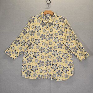 Coldwater Creek Yellow Floral Buttoned Cotton Shirt Contrast Neck and Cuffs XL